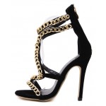 Black Suede Gold Metal Chain S Straps Stiletto High Heels Sandals Evening Shoes